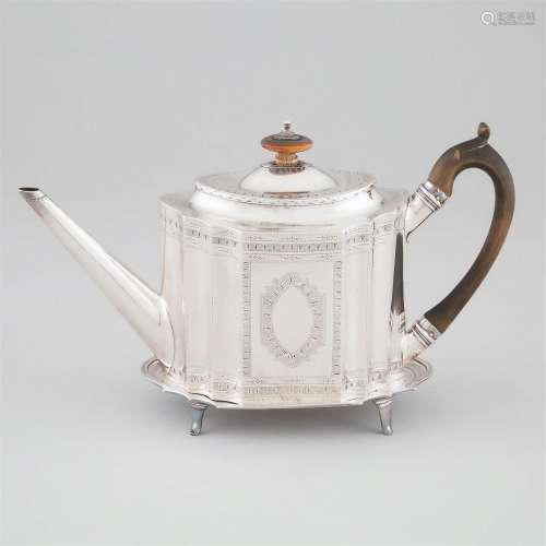 George III Silver Bright-Cut Shaped Oval Teapot and Stand,