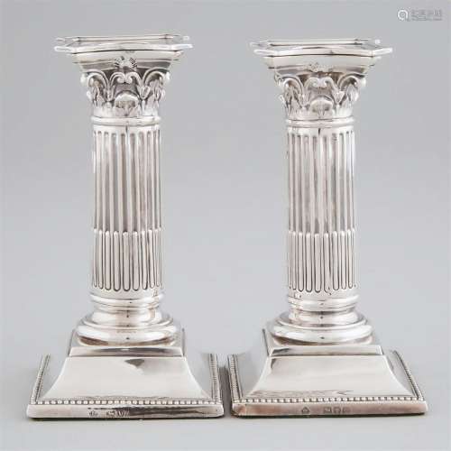 Pair of Victorian Silver Corinthian Columnar Small Candlest