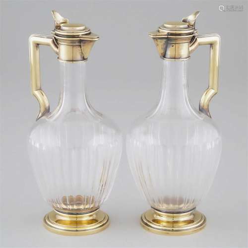 Pair of French Silver-Gilt and Cut Glass Wine Ewers, Gustav