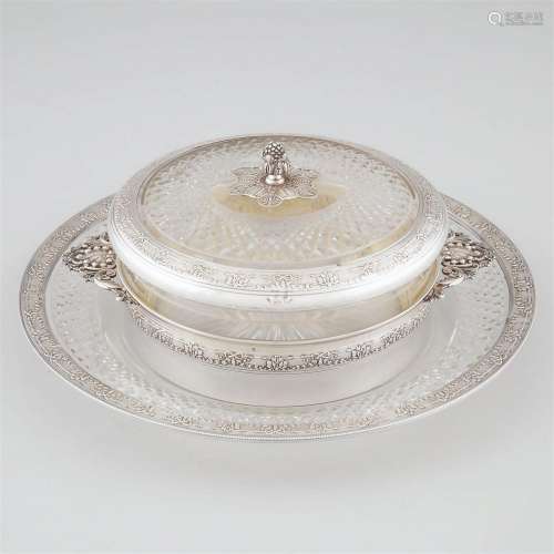 French Silver Mounted Cut Glass Two-Handled Serving Dish wi