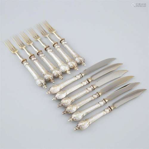 Six German Silver-Gilt Handled Fruit Knives and Six Forks,