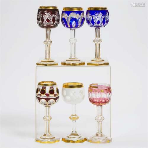 Six Bohemian Overlaid, Cut and Gilt Glass Wine Goblets, lat