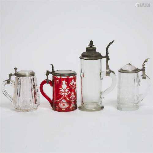 Four Bohemian Pewter Mounted Cut Glass Tankards, second hal