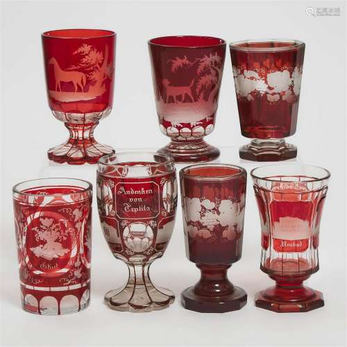 Seven Bohemian Red Overlay, Cut, and Etched Glass Goblets a