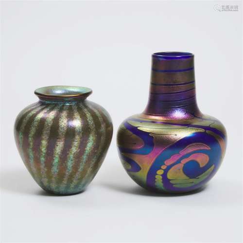 Two Canadian Iridescent Glass Vases, Jim Norton and Claude