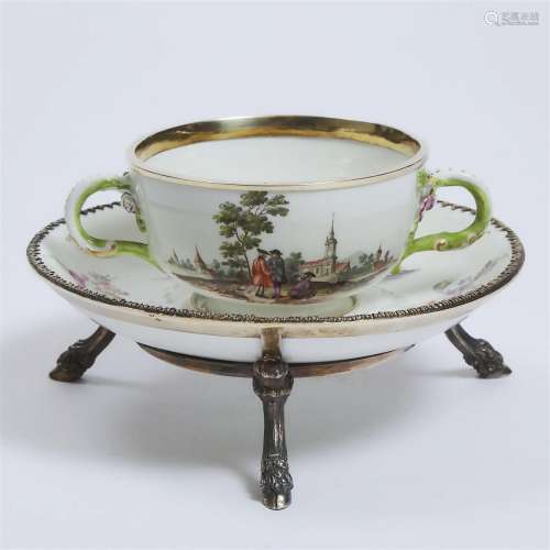 Meissen Silver Mounted Ecuelle and Stand, c.1750, stand dia