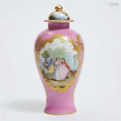 German 'Meissen' Porcelain Pink Ground Cabinet Vase and Cov