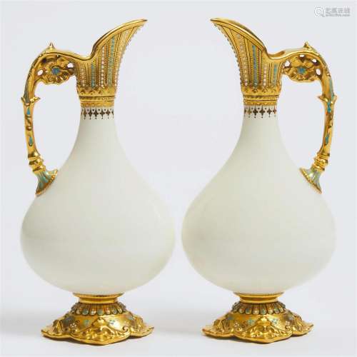 Pair of Royal Crown Derby 'Jeweled' Cabinet Ewers, 1937, he