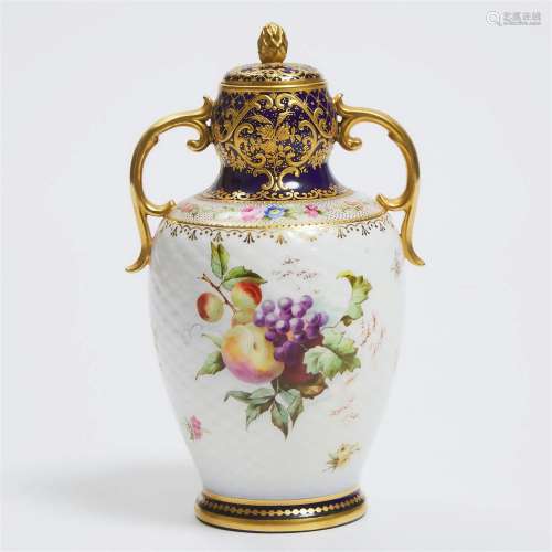 Copeland Fruit and Floral Painted Two-Handled Vase and Cove
