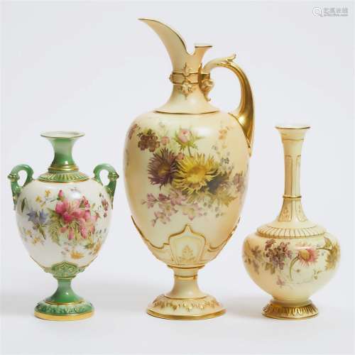 Royal Worcester Ewer and Two Vases, c.1894/1905, ewer heigh