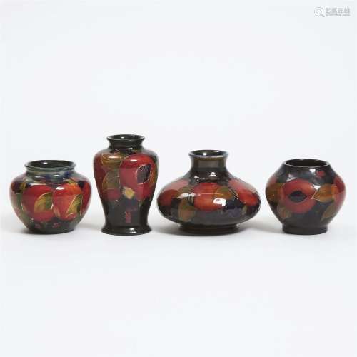 Four Moorcroft Small Pomegranate Vases, c.1920-25, largest