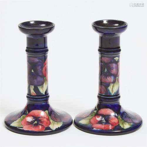 Pair of Moorcroft Pansy Table Candlesticks, c.1925, height