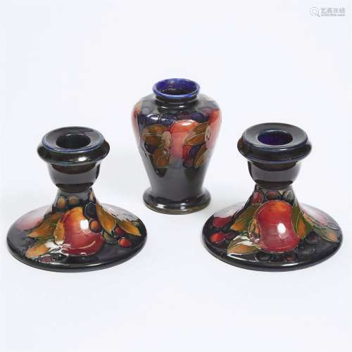 Pair of Moorcroft Pomegranate Low Candlesticks and Miniatur