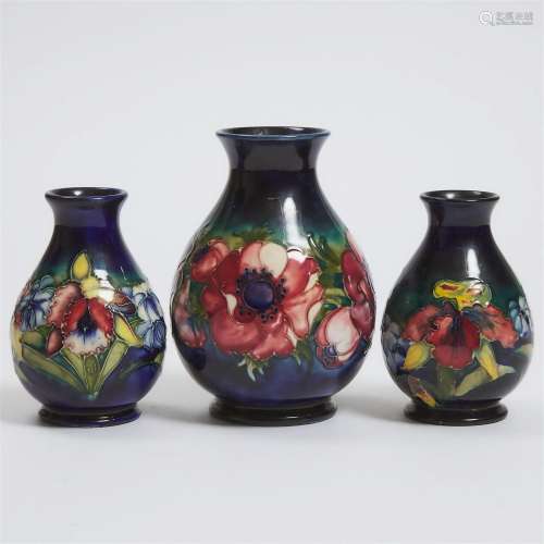 Moorcroft Anemone Vase and Two Orchids Vases, 1940s, height