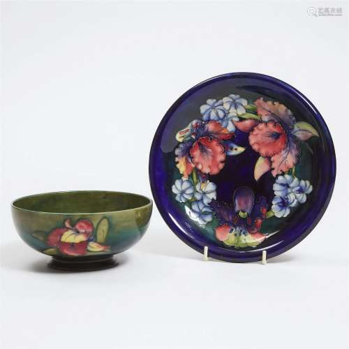 Moorcroft Orchids Bowl and Plate, c.1950, diameter 8.7 in —
