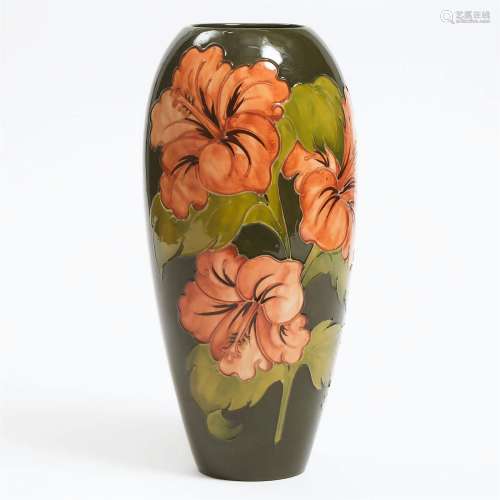 Large Moorcroft Coral Hibiscus Vase, 1980, height 14.2 in —