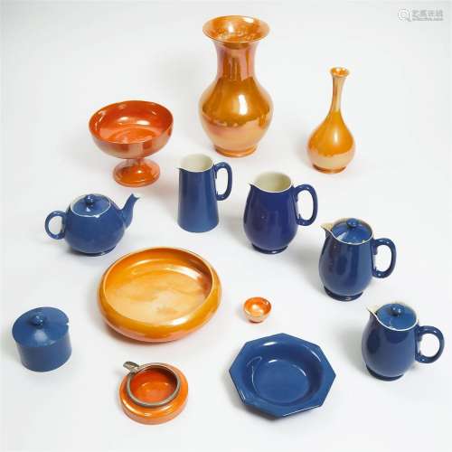 Group of Moorcroft Orange Lustre and Powder Blue Pottery, 2