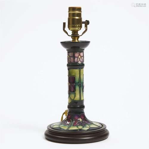 Moorcroft Violets Lamp Base, 1996, overall height 12.2 in —