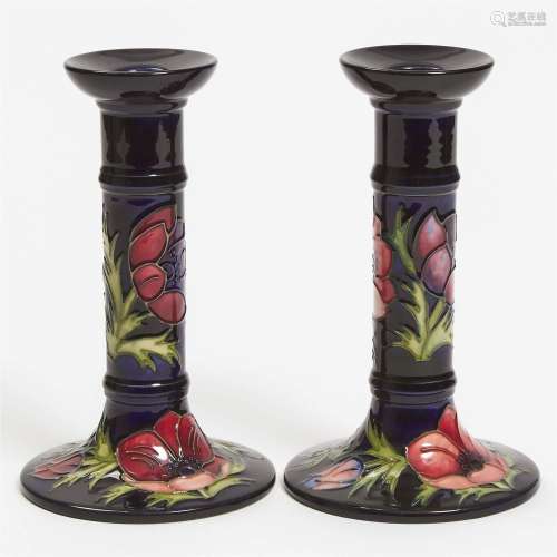 Pair of Moorcroft Anemone Candlesticks, 1999, height 8 in —
