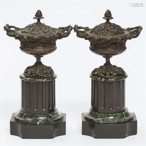 Pair of French Bronze Naturalistic Covered Mantle Urns, c.1