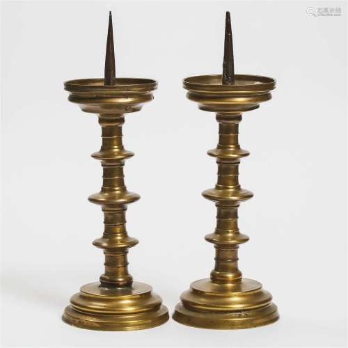 Pair of North European Gothic Turned Brass Pricket Altar St