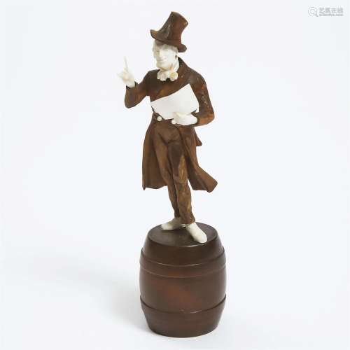 German Carved Walnut and Ivory Figure of a Street Musician,