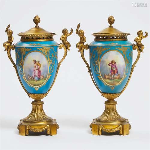 Pair of 'Sèvres' Porcelain and Gilt Bronze Covered Vases, l