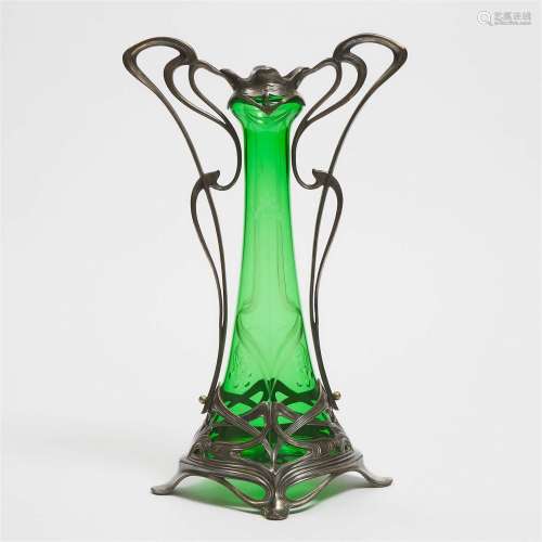 Large German Art Nouveau Silvered Metal Mounted Etched Gree