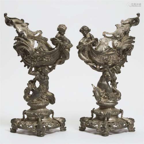 Large Pair of Continental Silvered Metal Figural 'Nautalus