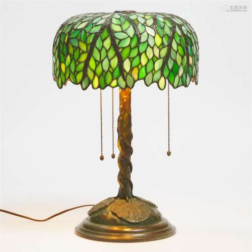 American Patinated Bronze and Leaded Mosaic Slag Glass Tree