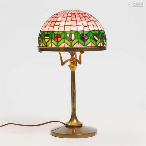 American Gilt Brass Table Lamp with Heraldic Leaded Mosaic
