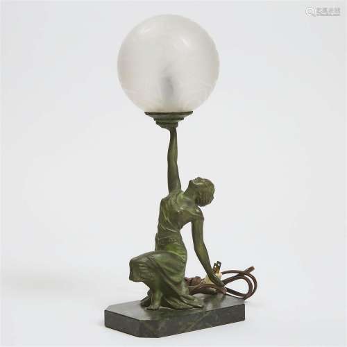 French Art Deco Figural Table Lamp, c.1930, height 14.75 in