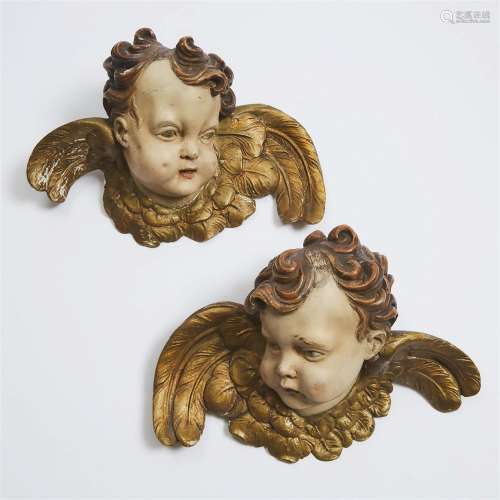 Pair of Italian Baroque Carved, Polychromed and Parcel Gilt