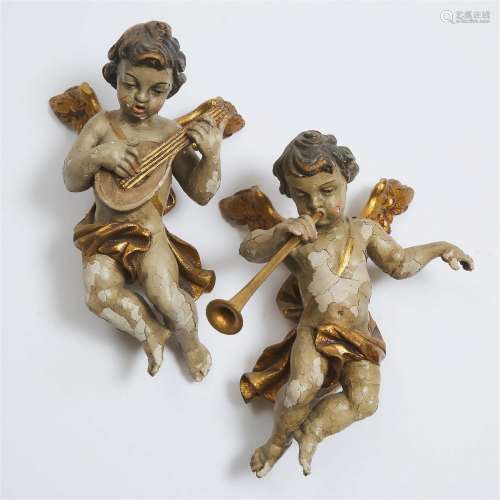 Pair of Italian Baroque Carved, Polychromed and Parcel Gilt