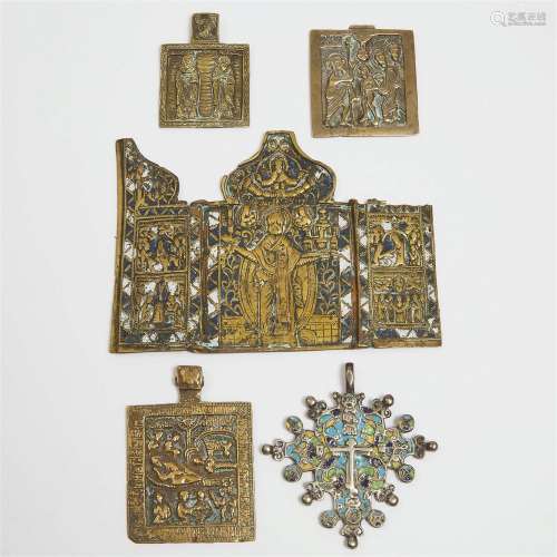 Group of Russian Enamelled Bronze Travelling Icons, 19th ce