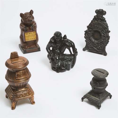 Five Miscellaneous Cast Iron Still Banks, 20th century, tal