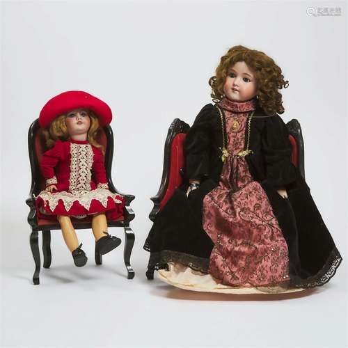 Two Continental Bisque Headed Dolls with Associated Furnitu