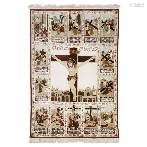 Qum Silk Pictorial Rug, "The Stions [sic] of the Cross&...