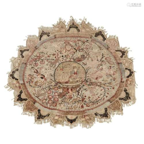Indian Pictorial Oval Embroidery, possibly table cover, c.1