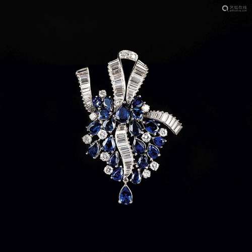 A highcarat Midcentury Sapphire Diamond Brooch.