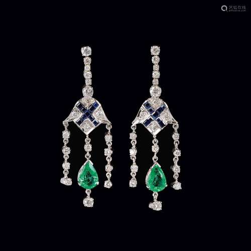 A Pair of  Emeralds, Sapphires and Diamonds Earpendants.