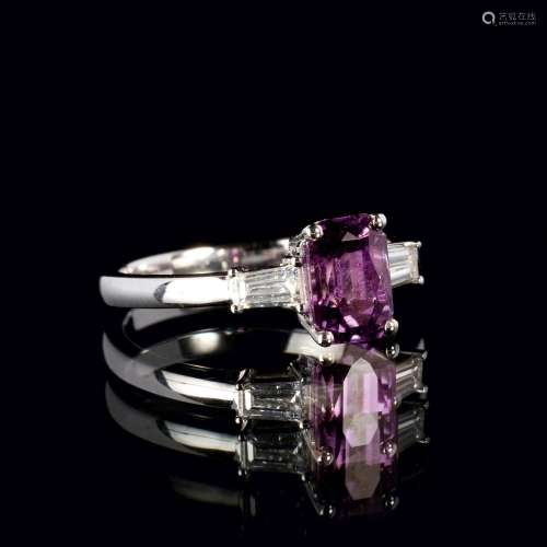 A Natural Pink-Purple Sapphire Ring with Diamonds.