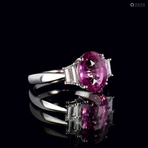 A Natural Vivid Hot Pink Sapphire Ring with Diamonds.