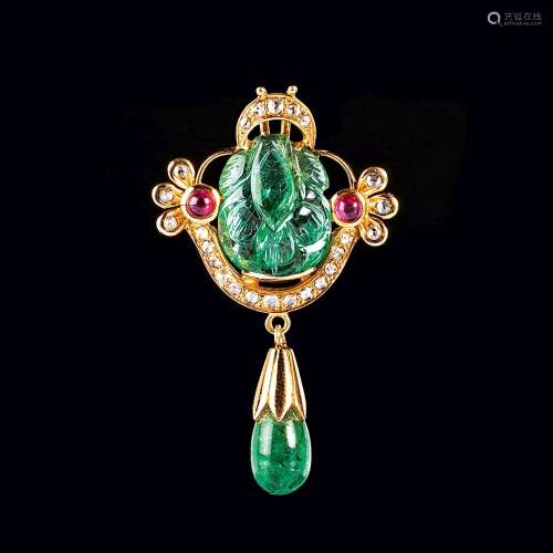 An Emerald Ruby Pendant with Diamonds.