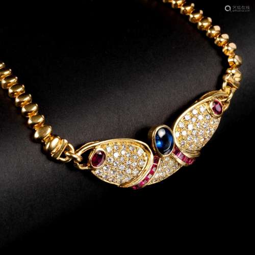 A colour-fine Sapphire Ruby Diamond Necklace.