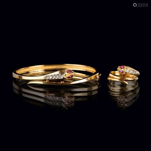 A Bangle Bracelet and Ring 'Snake' with Rubies and Diamonds.