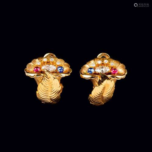 A Pair of Diamond Ruby Sapphire Earclips.