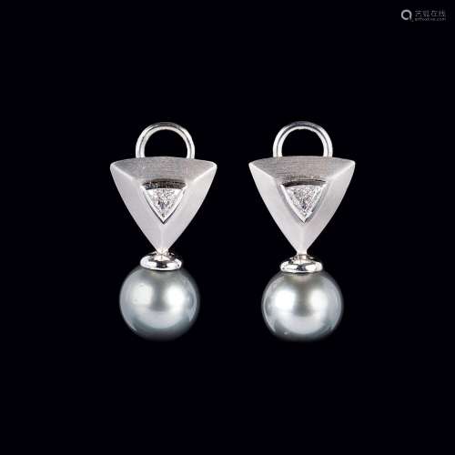 A Pair of Diamond Earrings with Tahiti Pearls.