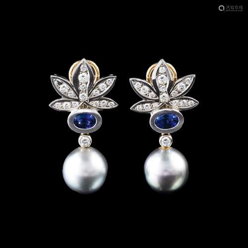 A Pair of Tahit Pearl Earrings with Sapphires and Diamonds.