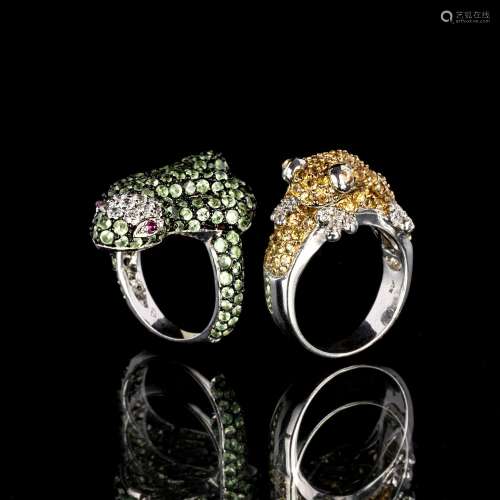 Two Rings 'Frog' and 'Snake' with Yellow Sapphires and Tsavo...